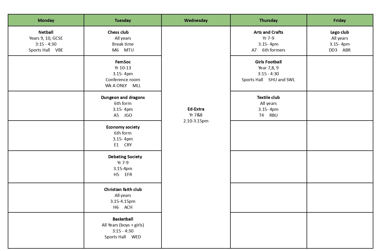 Extra curricular clubs timetable this term