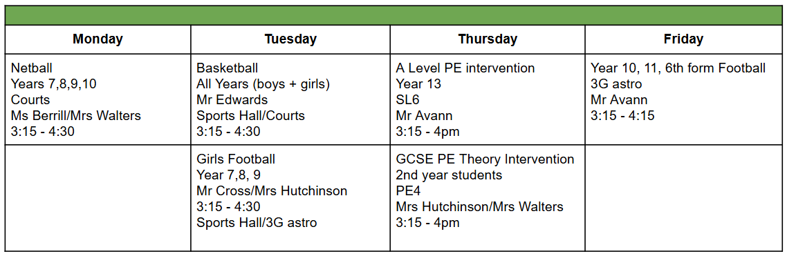PE clubs programme 2024-2025 (February - Easter half term)